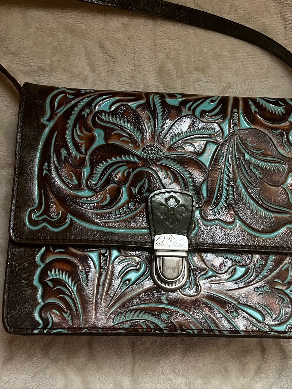 Patricia Nash Brown Leather Crossbody with Turquoise Accents